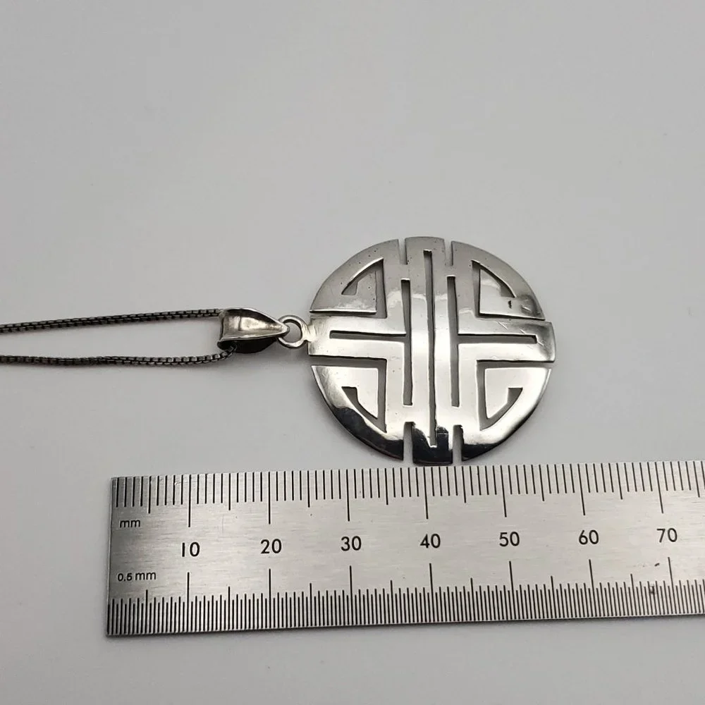 18 Inch 925 Sterling Silver Large Rustic Maze Design Pendant Necklace - Picture 8 of 9